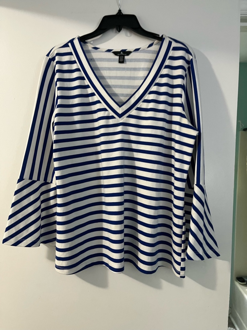 Jules & Leopold Striped V-Neck Bell Sleeve Top - White & Royal Blue